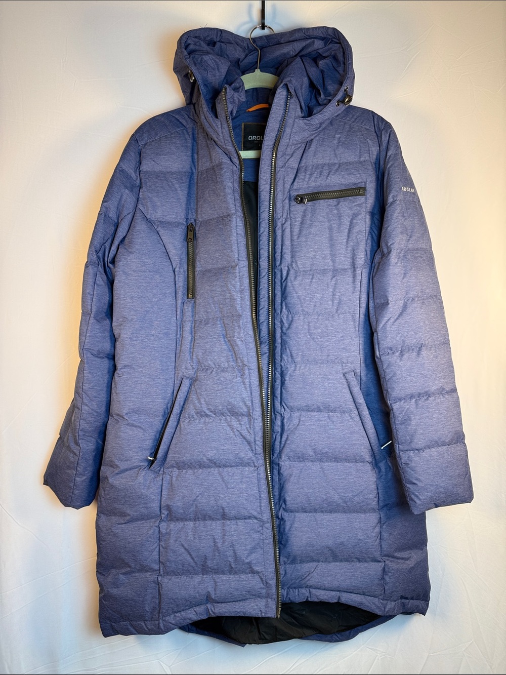 ORO Women's Long Hooded Down Puffer Coat in Navy Heather